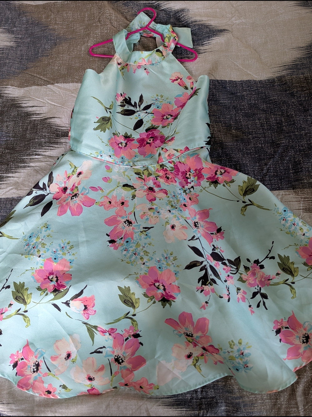 Zunie Aqua Floral Halter Dress with Pink Blooms